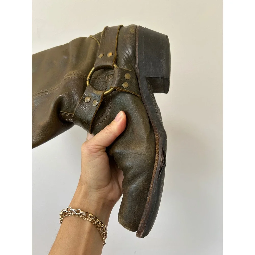Frye Harness 12R Boots Mens Olive Green Leather Biker Square Toe Grunge 9